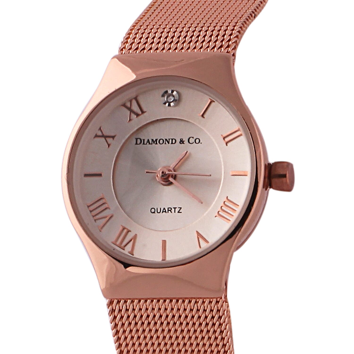 DIAMOND and CO LONDON Diamond Studded Bracelet Watch with a Stainless Steel Mesh Style Strap in Rose Gold Tone