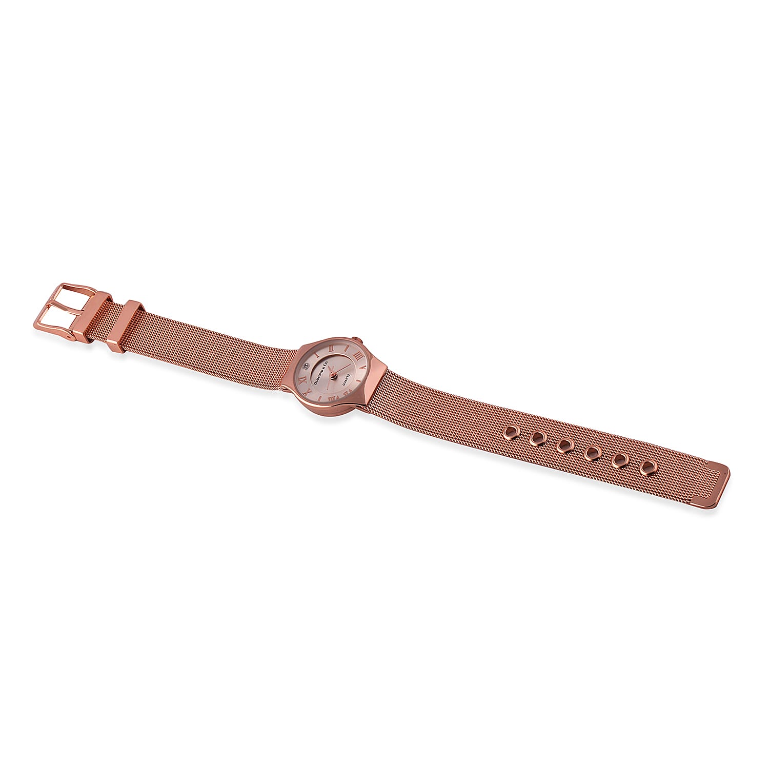 DIAMOND and CO LONDON Diamond Studded Bracelet Watch with a Stainless Steel Mesh Style Strap in Rose Gold Tone