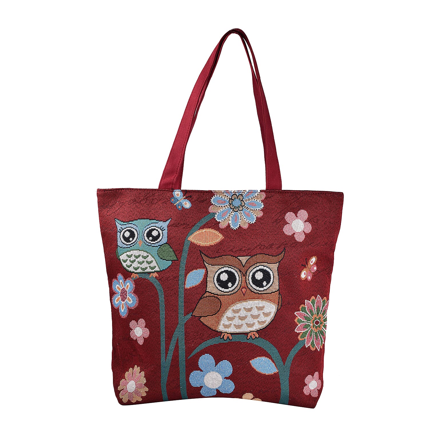 Tapestry Two Owls On Branch Large Tote Bag (H 34 cm x W 43cm) - Maroon