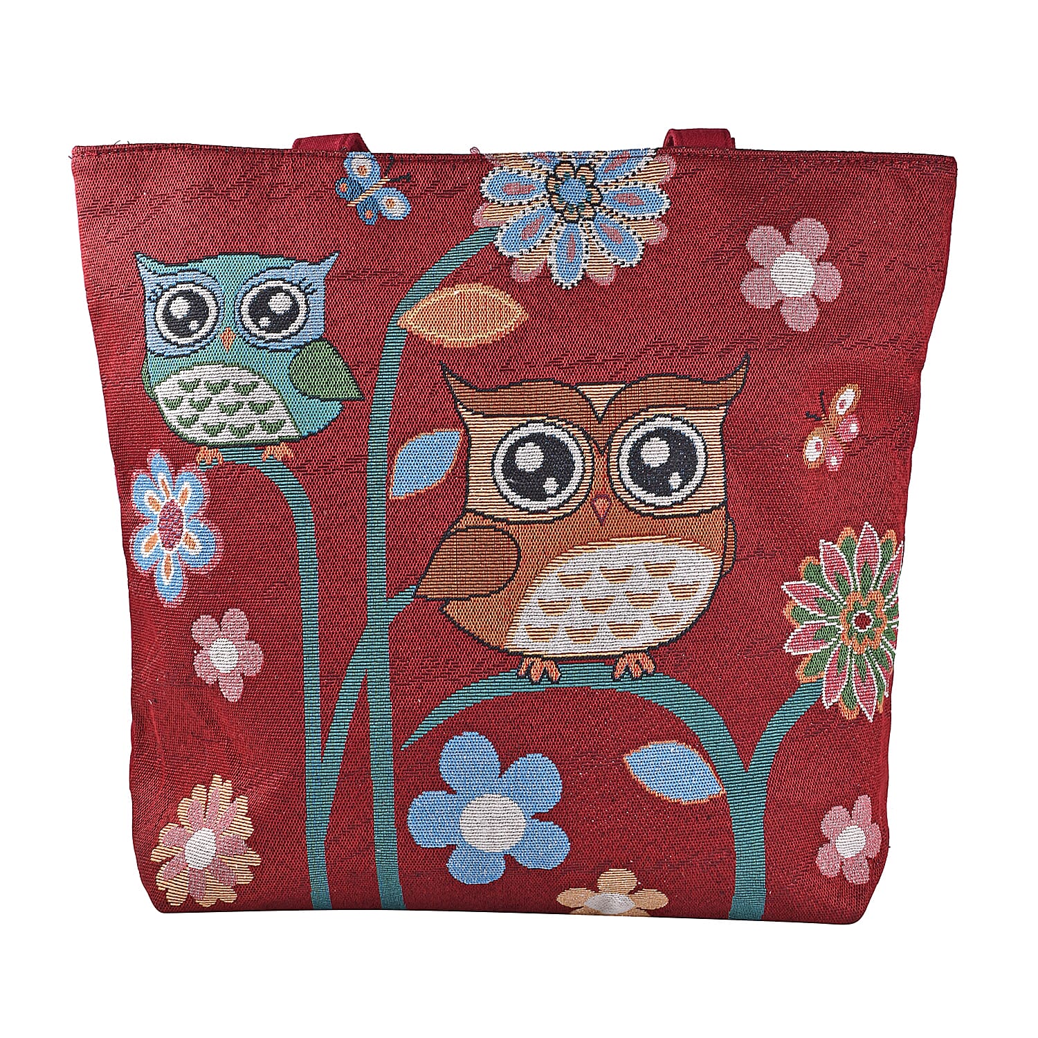 Tapestry Two Owls On Branch Large Tote Bag (H 34 cm x W 43cm) - Maroon