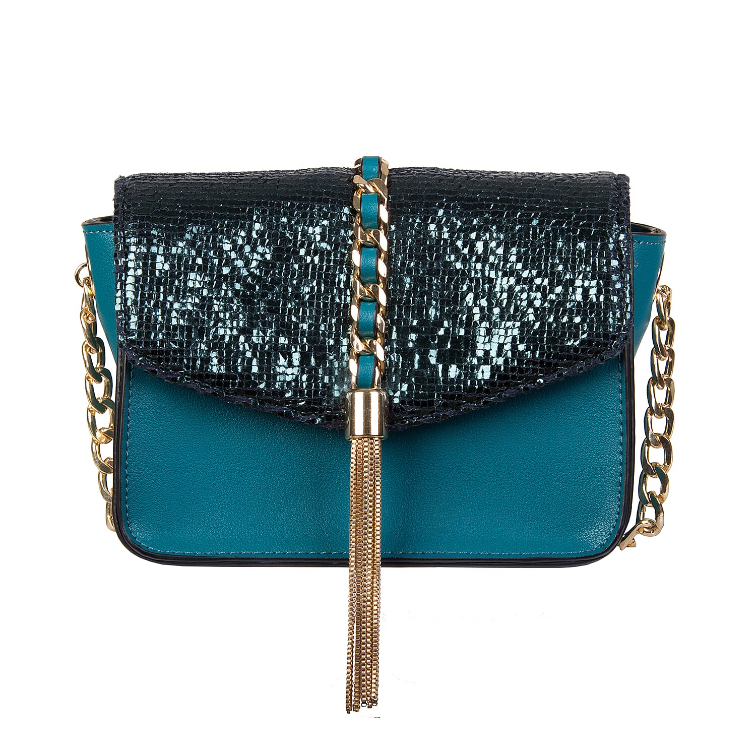 Bulaggi Collection - Calla Crossbody Bag with Metallic Pattern Flap and Adjustable Shoulder Strap (17x13x8cm) - Emerald Green Colour