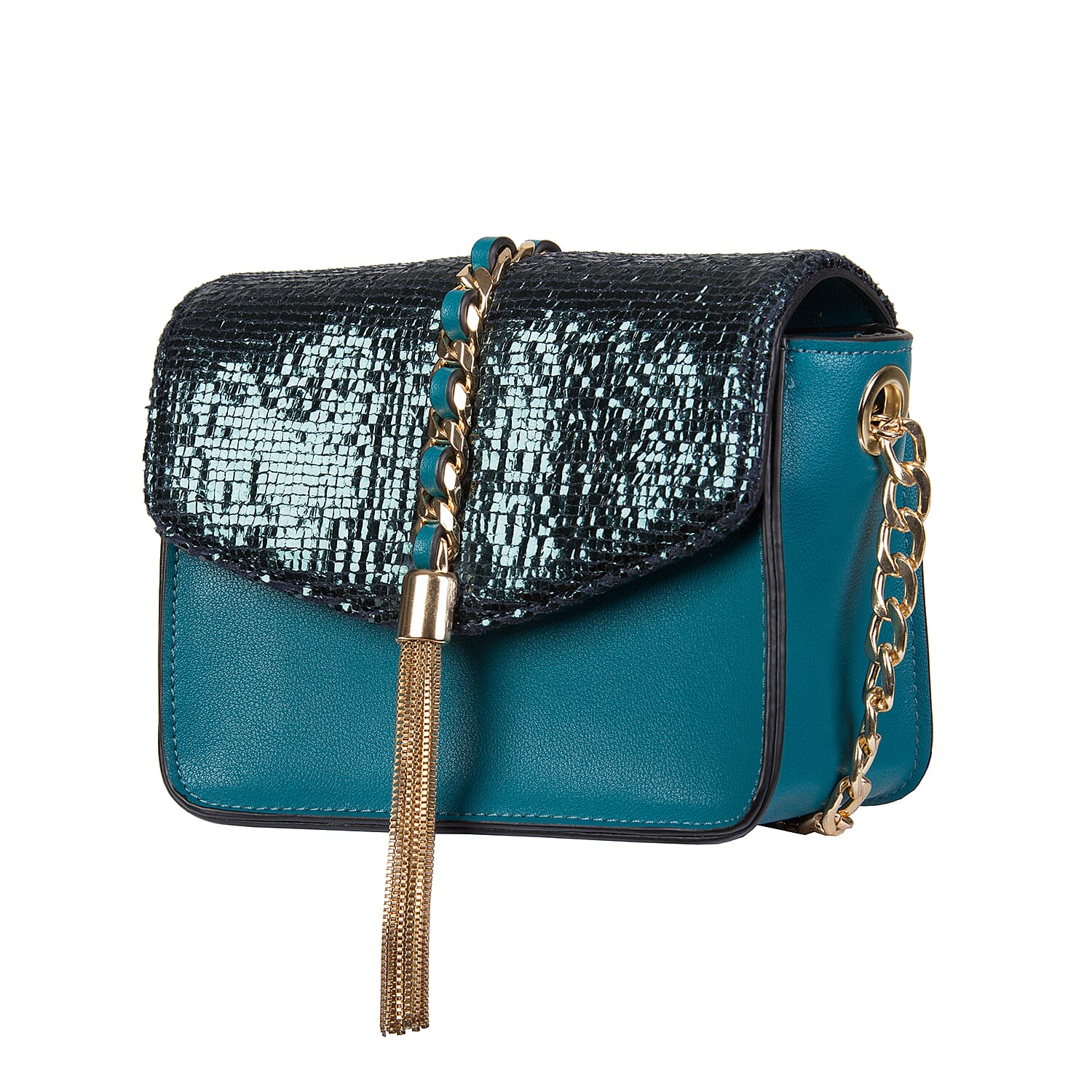 Bulaggi Collection - Calla Crossbody Bag with Metallic Pattern Flap and Adjustable Shoulder Strap (17x13x8cm) - Emerald Green Colour