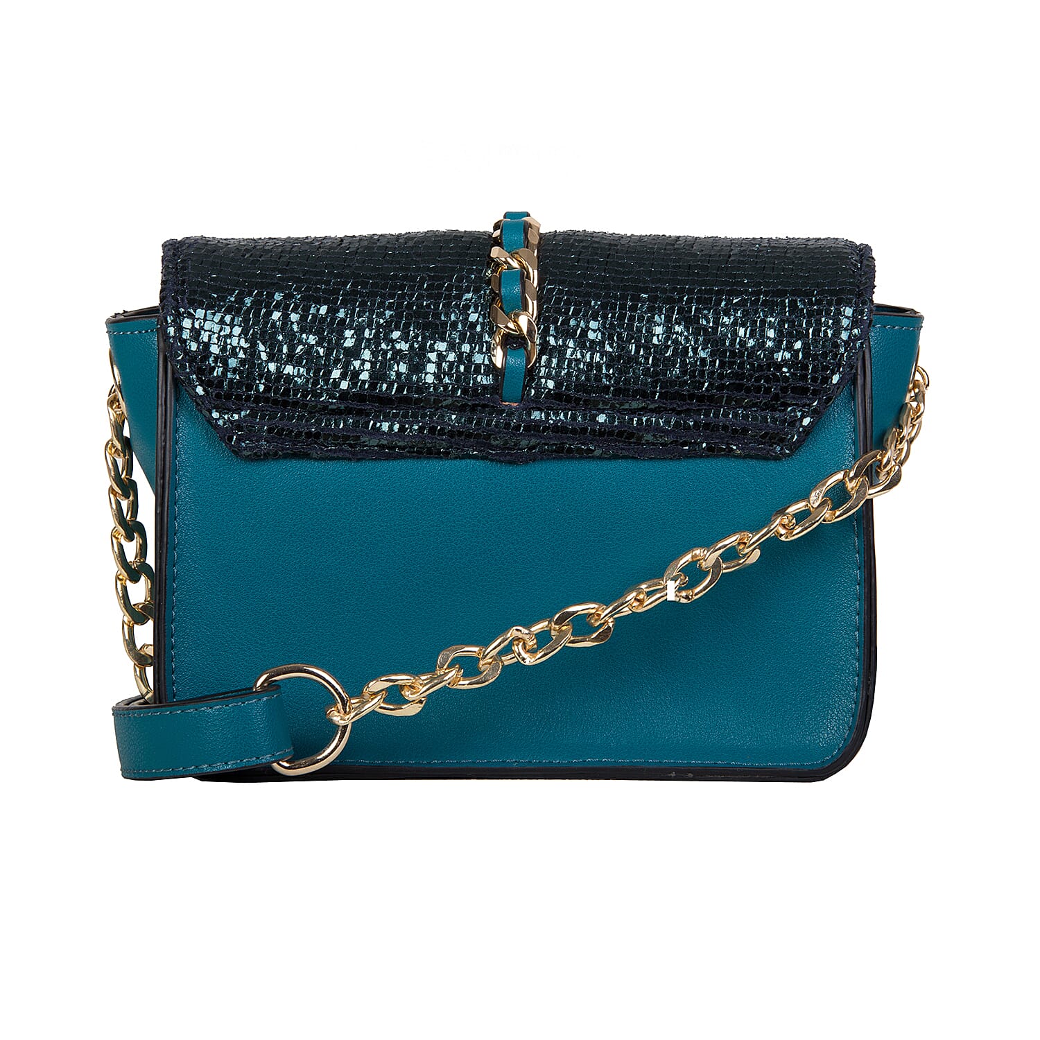 Bulaggi Collection - Calla Crossbody Bag with Metallic Pattern Flap and Adjustable Shoulder Strap (17x13x8cm) - Emerald Green Colour