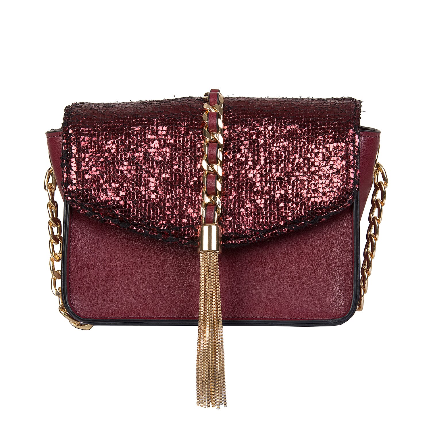 Bulaggi Collection - Calla Crossbody Bag with Metallic Pattern Flap and Adjustable Shoulder Strap (17x13x8cm) - Burgundy