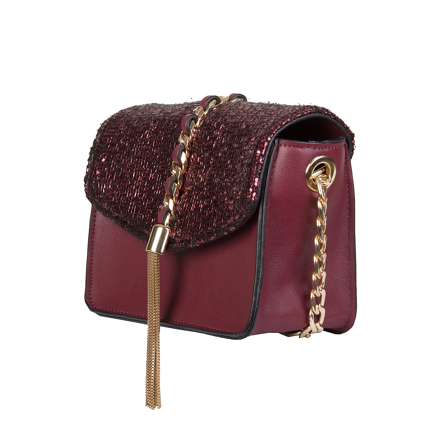Bulaggi Collection - Calla Crossbody Bag with Metallic Pattern Flap and Adjustable Shoulder Strap (17x13x8cm) - Burgundy