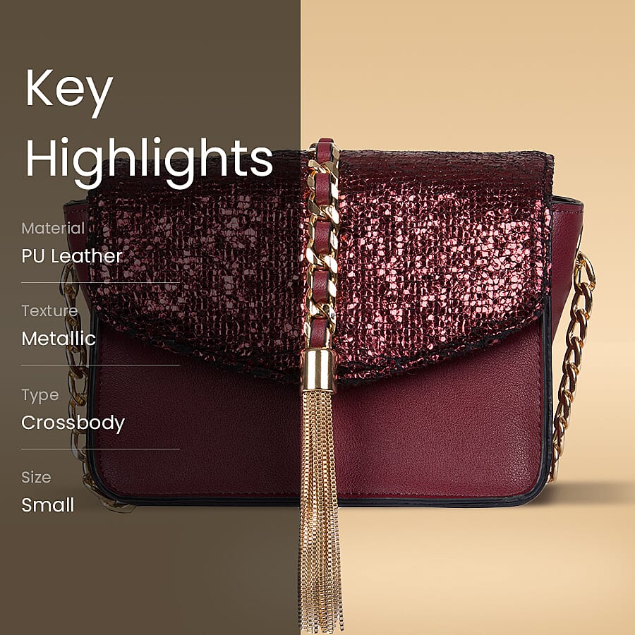 Bulaggi Collection - Calla Crossbody Bag with Metallic Pattern Flap and Adjustable Shoulder Strap (17x13x8cm) - Burgundy