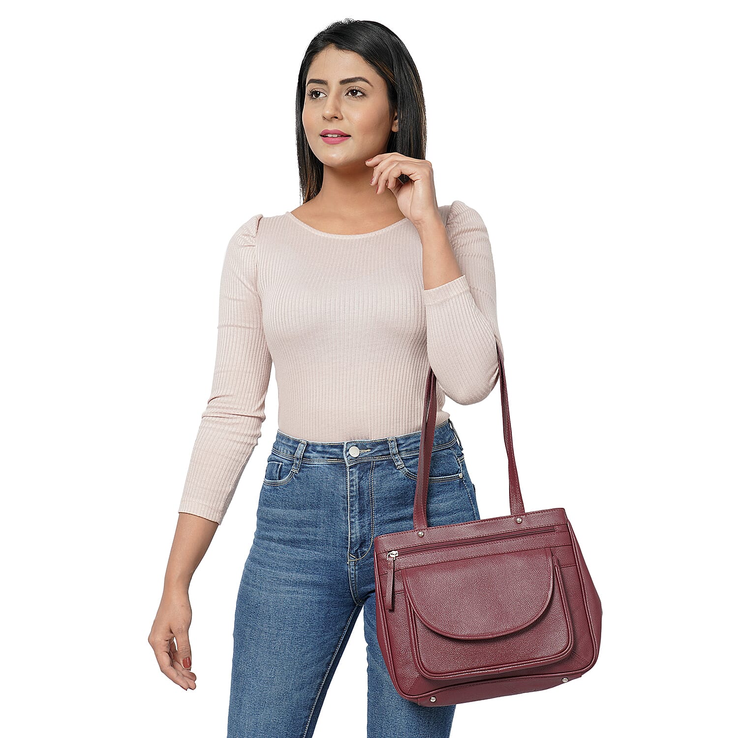 Super Soft 100% Genuine Nappa Leather Multi-Compartment Shoulder Bag in Burgundy (29x7.5x23cm)