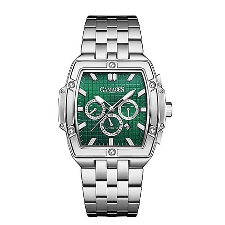 GAMAGES OF LONDON Limited Edition Hand Assembled Magnitude Automatic Movement Green Dial Water Resistant Watch in Silver Colour Chain Strap