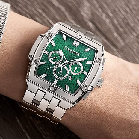 GAMAGES OF LONDON Limited Edition Hand Assembled Magnitude Automatic Movement Green Dial Water Resistant Watch in Silver Colour Chain Strap