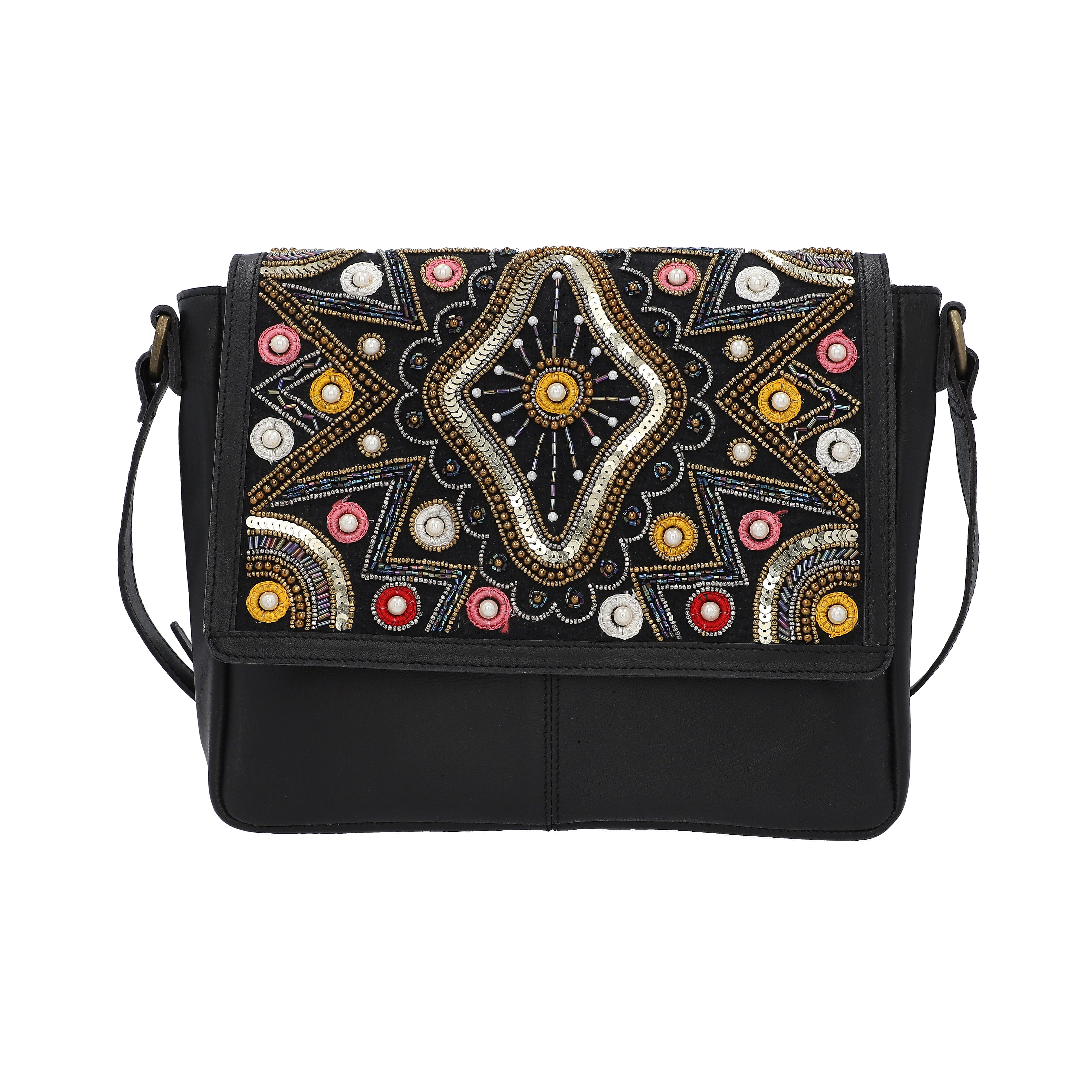 100% Genuine Leather Black Crossbody Bag with Multi Colour Embellishments (28x25x6cm)