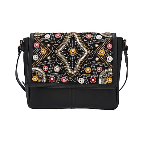 100% Genuine Leather Black Crossbody Bag with Multi Colour Embellishments (28x25x6cm)