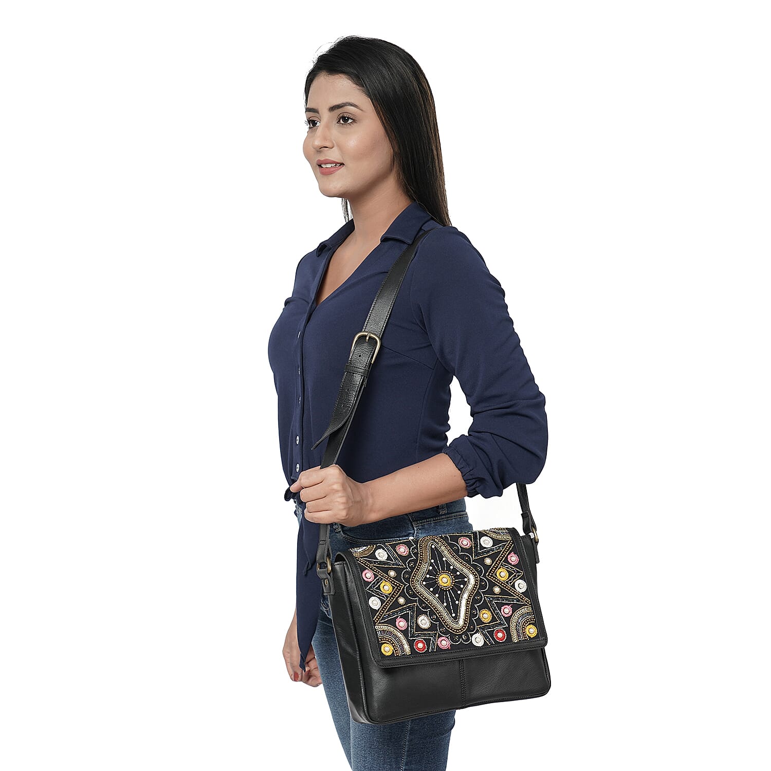 100% Genuine Leather Black Crossbody Bag with Multi Colour Embellishments (28x25x6cm)