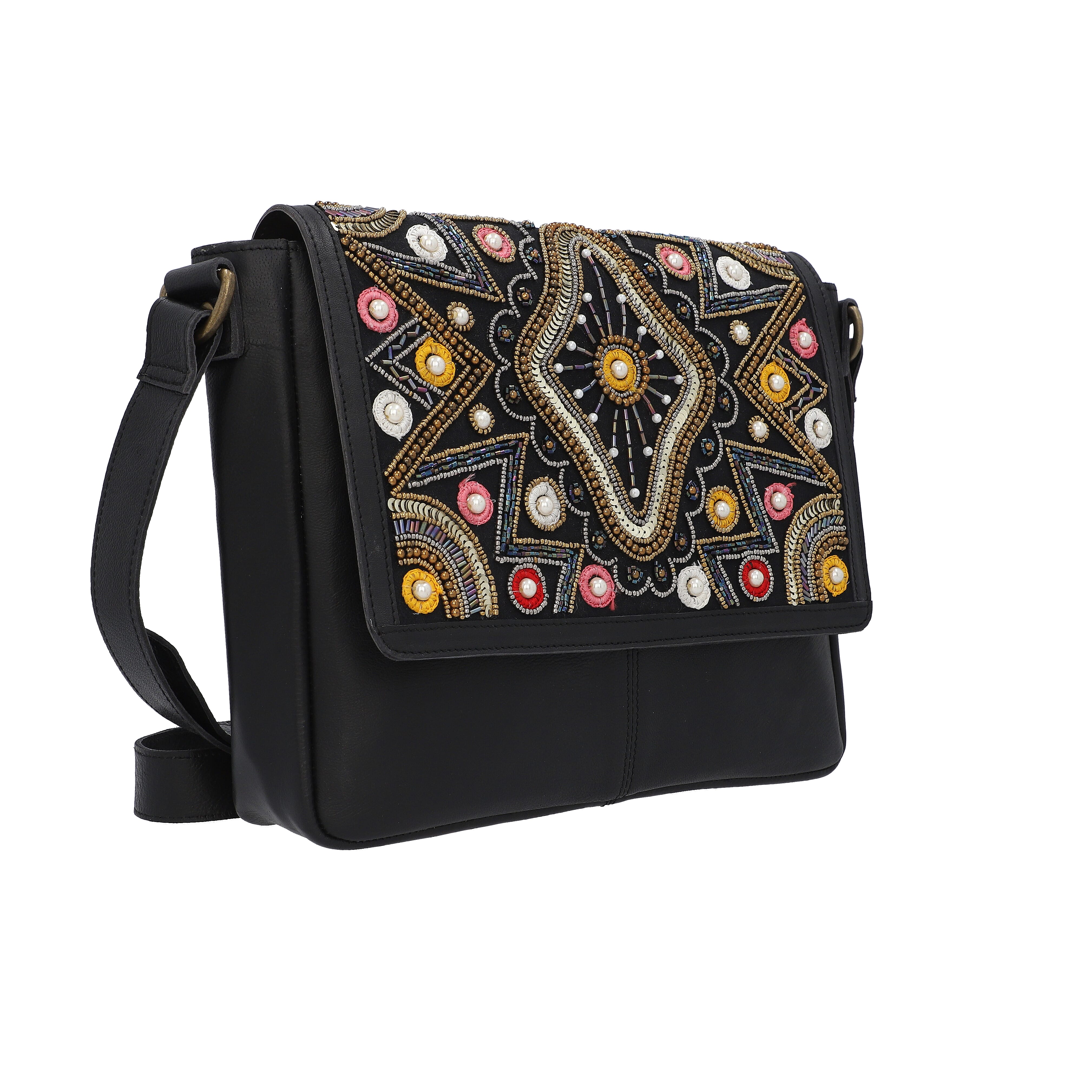 100% Genuine Leather Black Crossbody Bag with Multi Colour Embellishments (28x25x6cm)