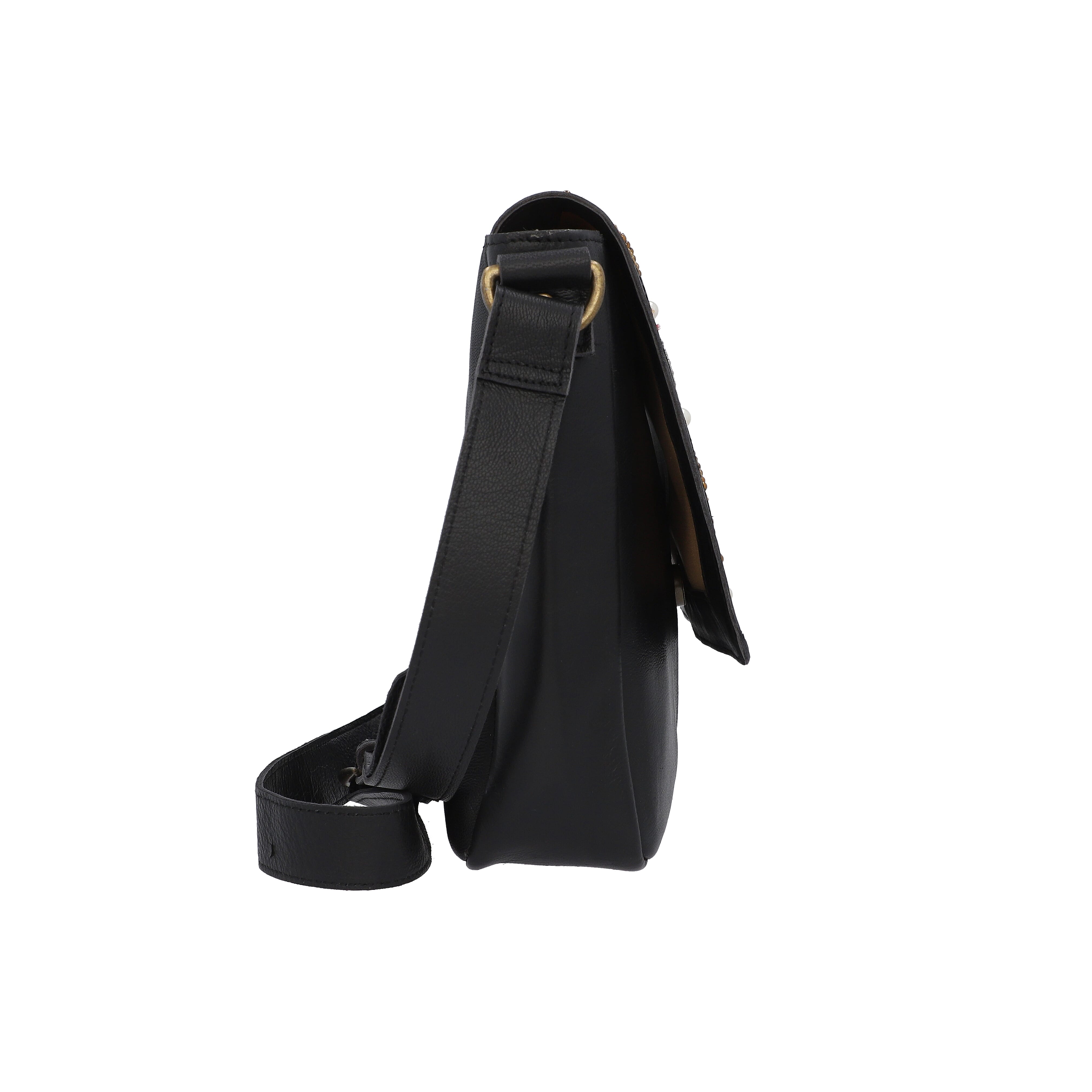 Genuine Leather Black Crossbody Bag with Multi Colour Embellishments (28x25x6cm)