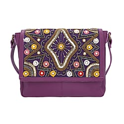 100% Genuine Leather Purple Crossbody Bag with Multi Colour Embellishments (28x25x6cm)