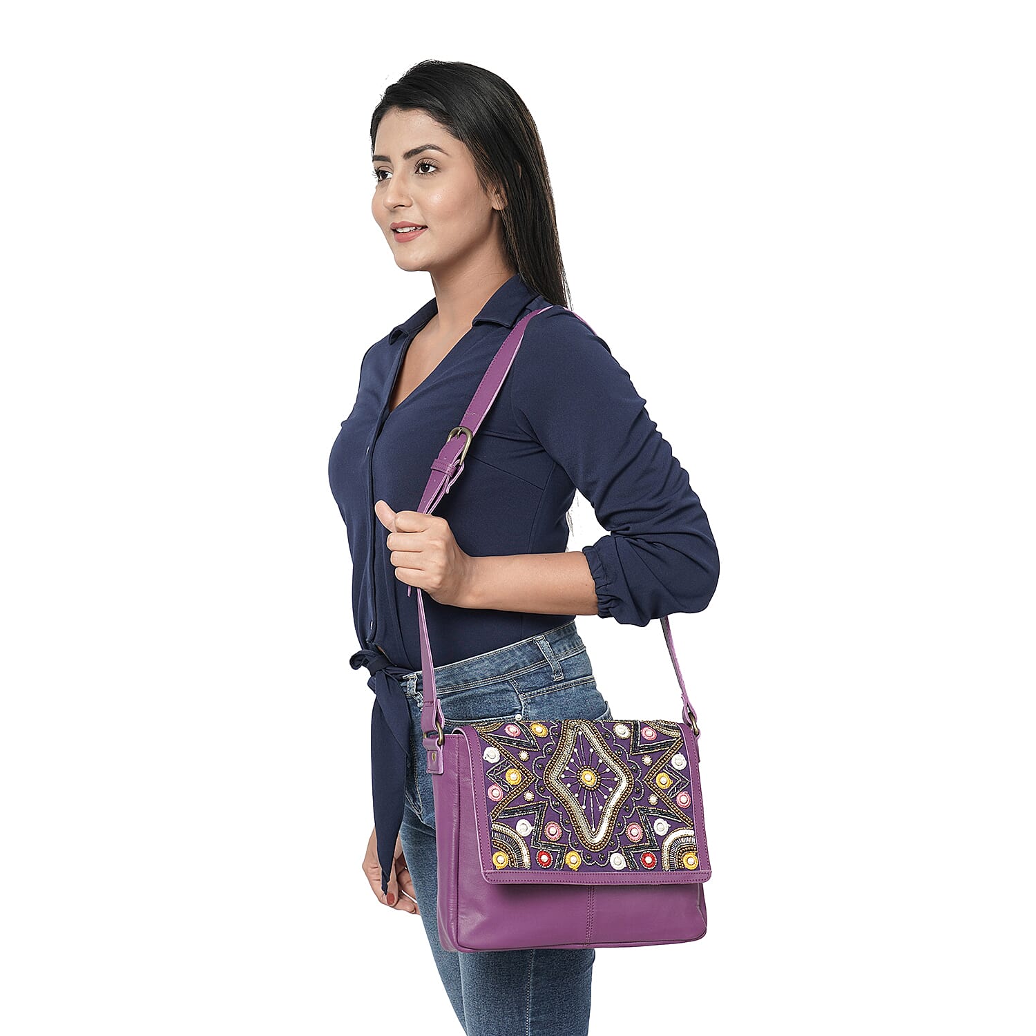 100% Genuine Leather Purple Crossbody Bag with Multi Colour Embellishments (28x25x6cm)