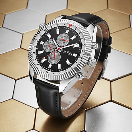 GAMAGES OF LONDON Hour Rotator Automatic Movement Black Dial Water Resistant Watch with Black Leather Strap