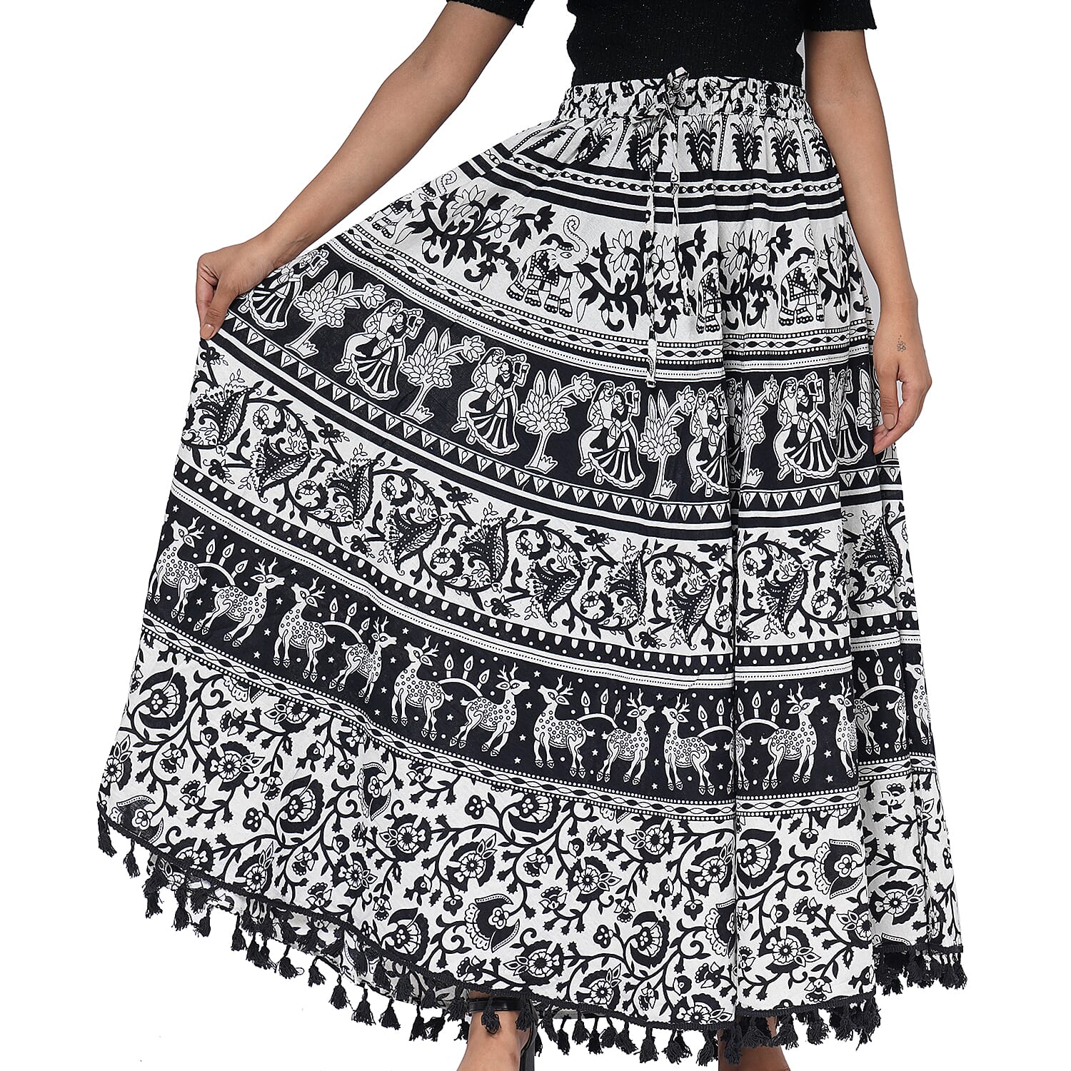 100% Cotton Mandala Print Boho Long Skirt with Tassels (Size 101x94cm) - Black and White
