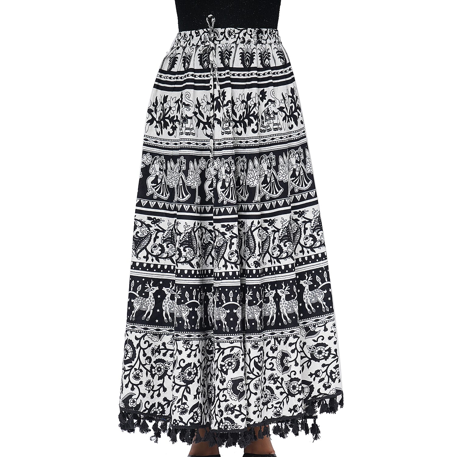 100% Cotton Mandala Print Boho Long Skirt with Tassels (Size 101x94cm) - Black and White