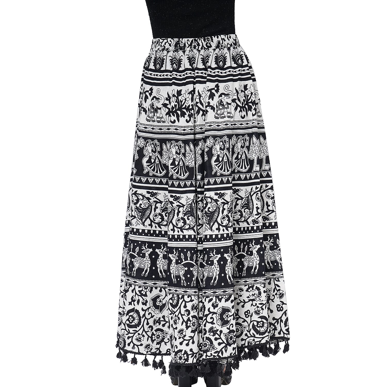 100% Cotton Mandala Print Boho Long Skirt with Tassels (Size 101x94cm) - Black and White