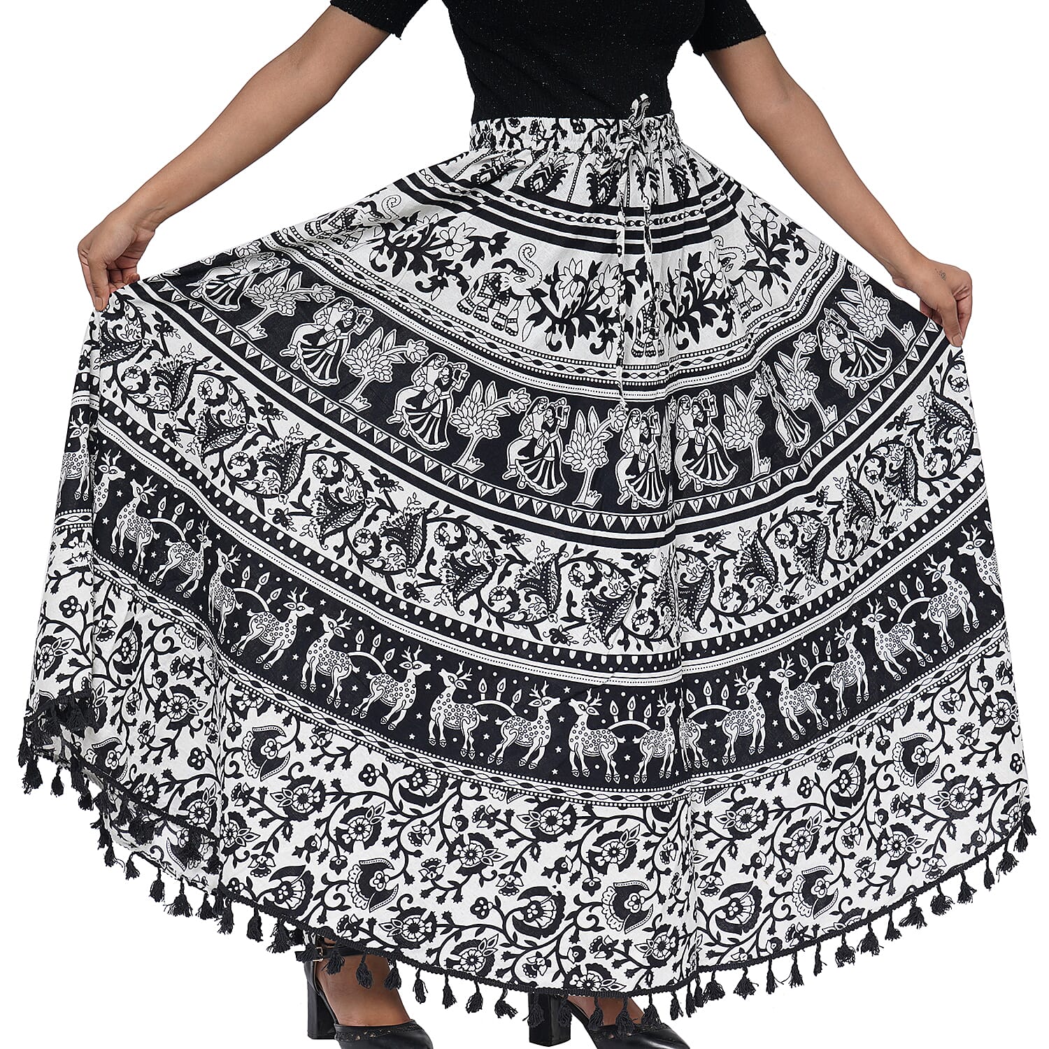 100% Cotton Mandala Print Boho Long Skirt with Tassels (Size 101x94cm) - Black and White