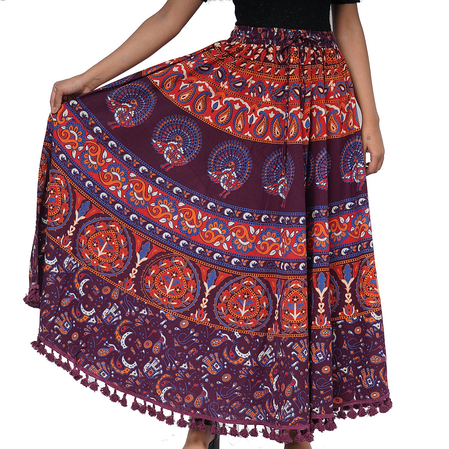 100% Cotton Mandala Print Boho Long Skirt with Tassels (Size 101x94cm) - Plum & Multi