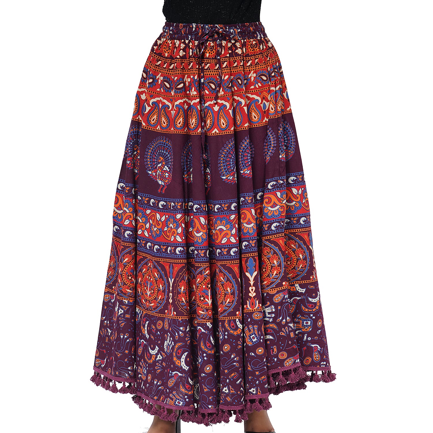 100% Cotton Mandala Print Boho Long Skirt with Tassels (Size 101x94cm) - Plum & Multi