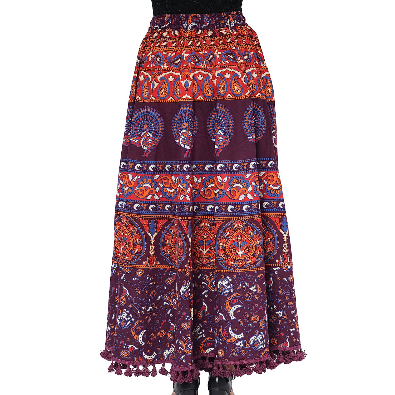100% Cotton Mandala Print Boho Long Skirt with Tassels (Size 101x94cm) - Plum & Multi