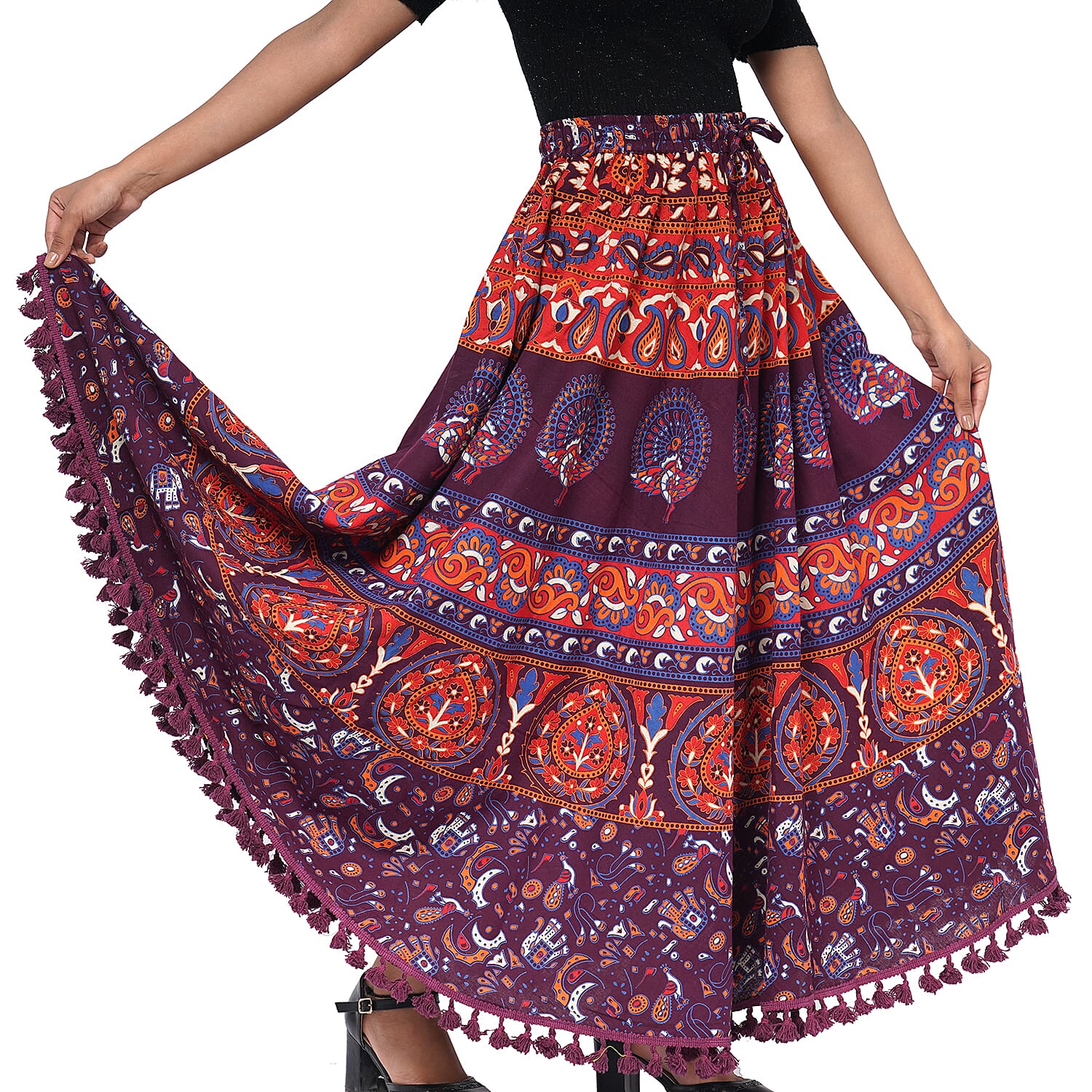 100% Cotton Mandala Print Boho Long Skirt with Tassels (Size 101x94cm) - Plum & Multi