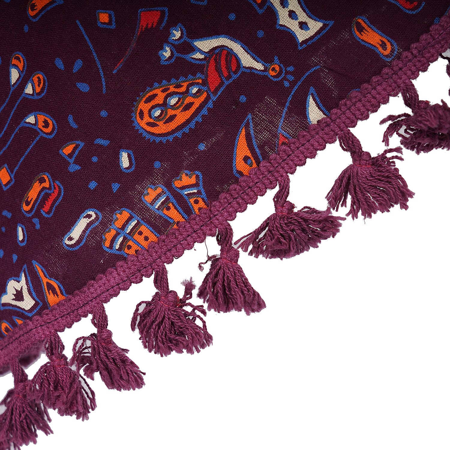 100% Cotton Mandala Print Boho Long Skirt with Tassels (Size 101x94cm) - Plum & Multi