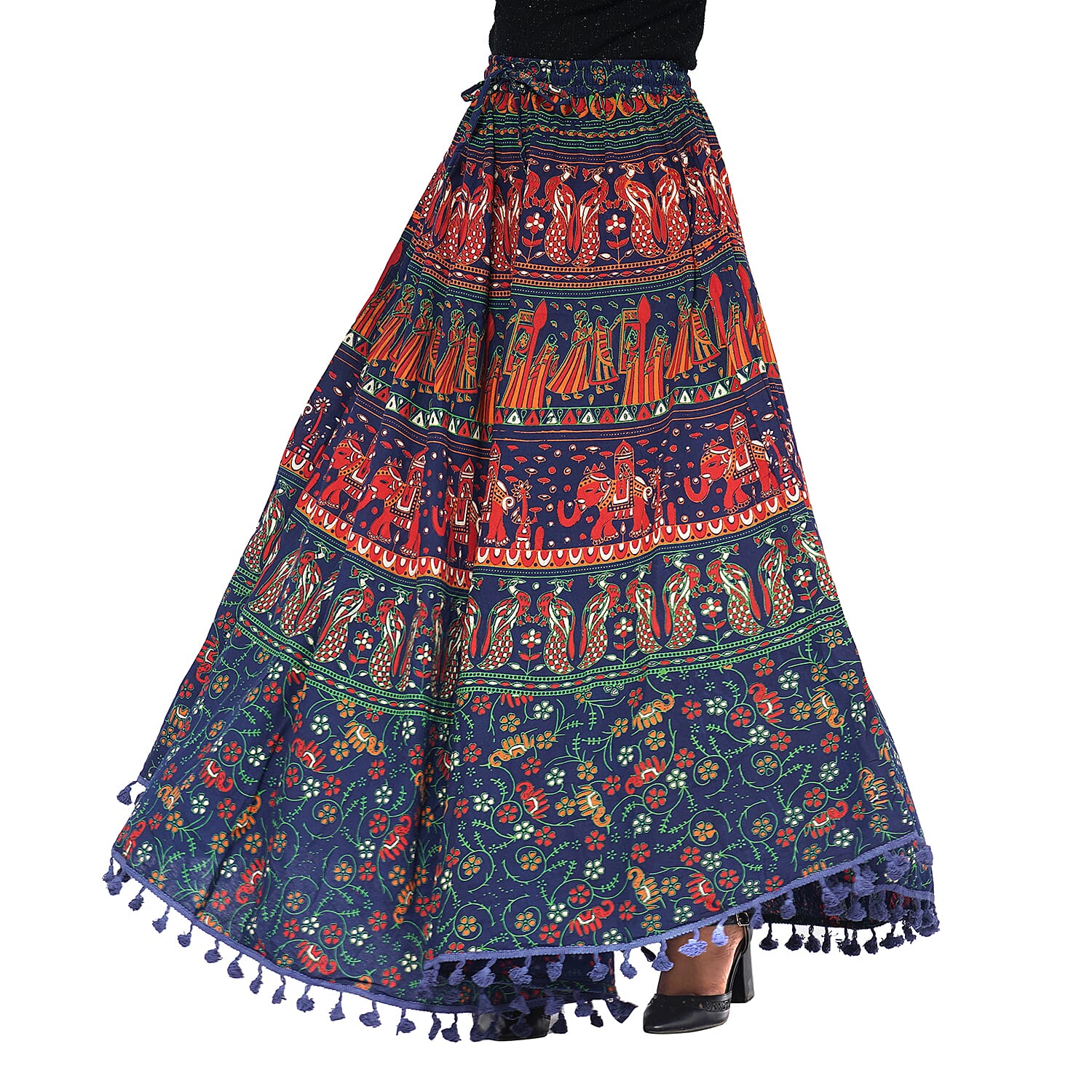 100% Cotton Mandala Print Boho Long Skirt with Tassels (Size 101x94cm) - Navy Blue and Red