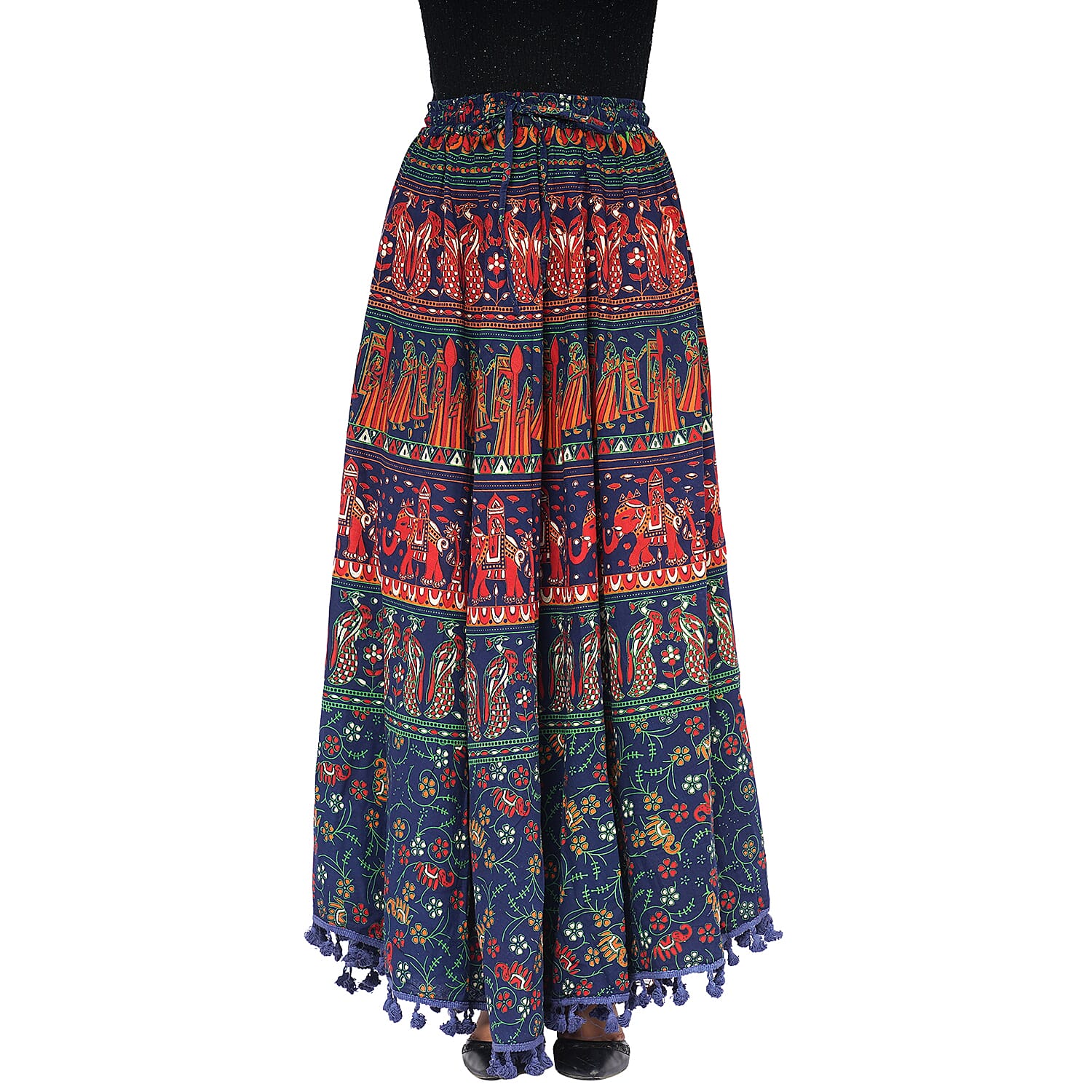 100% Cotton Mandala Print Boho Long Skirt with Tassels (Size 101x94cm) - Navy Blue and Red