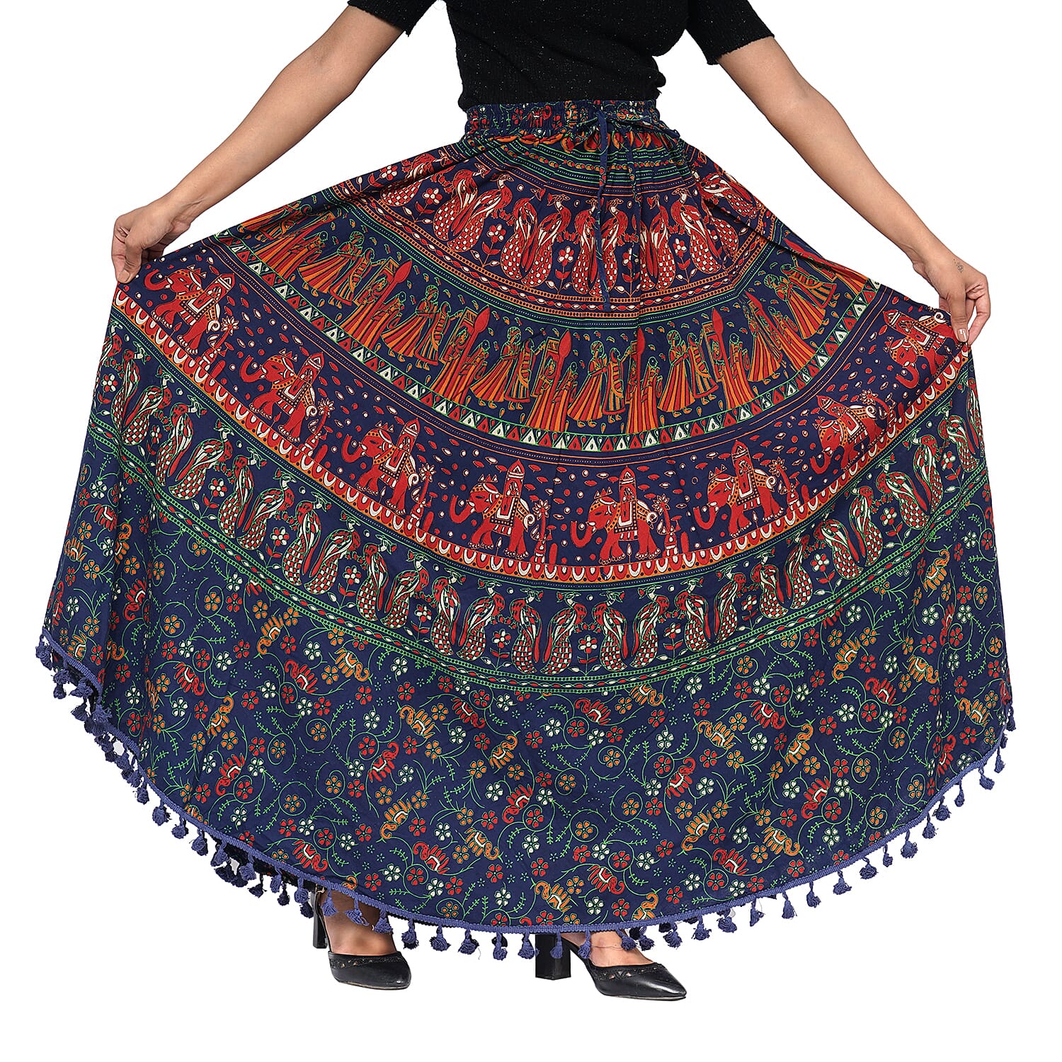 100% Cotton Mandala Print Boho Long Skirt with Tassels (Size 101x94cm) - Navy Blue and Red