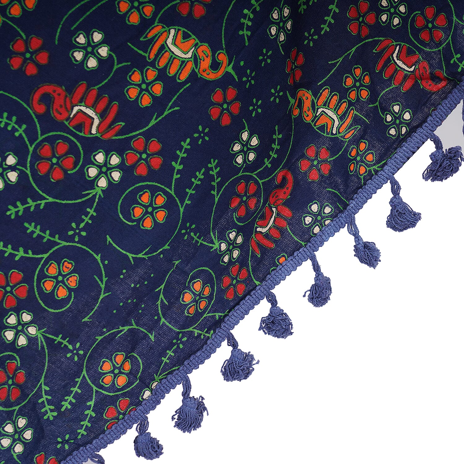 100% Cotton Mandala Print Boho Long Skirt with Tassels (Size 101x94cm) - Navy Blue and Red