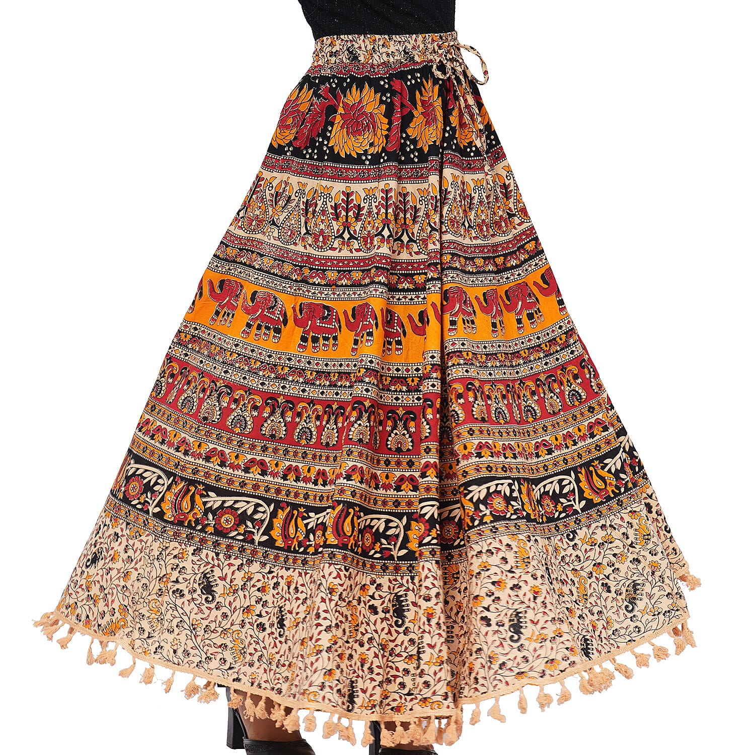 100% Cotton Mandala Print Boho Long Skirt with Tassels (Size 101x94cm) - Beige and Multi