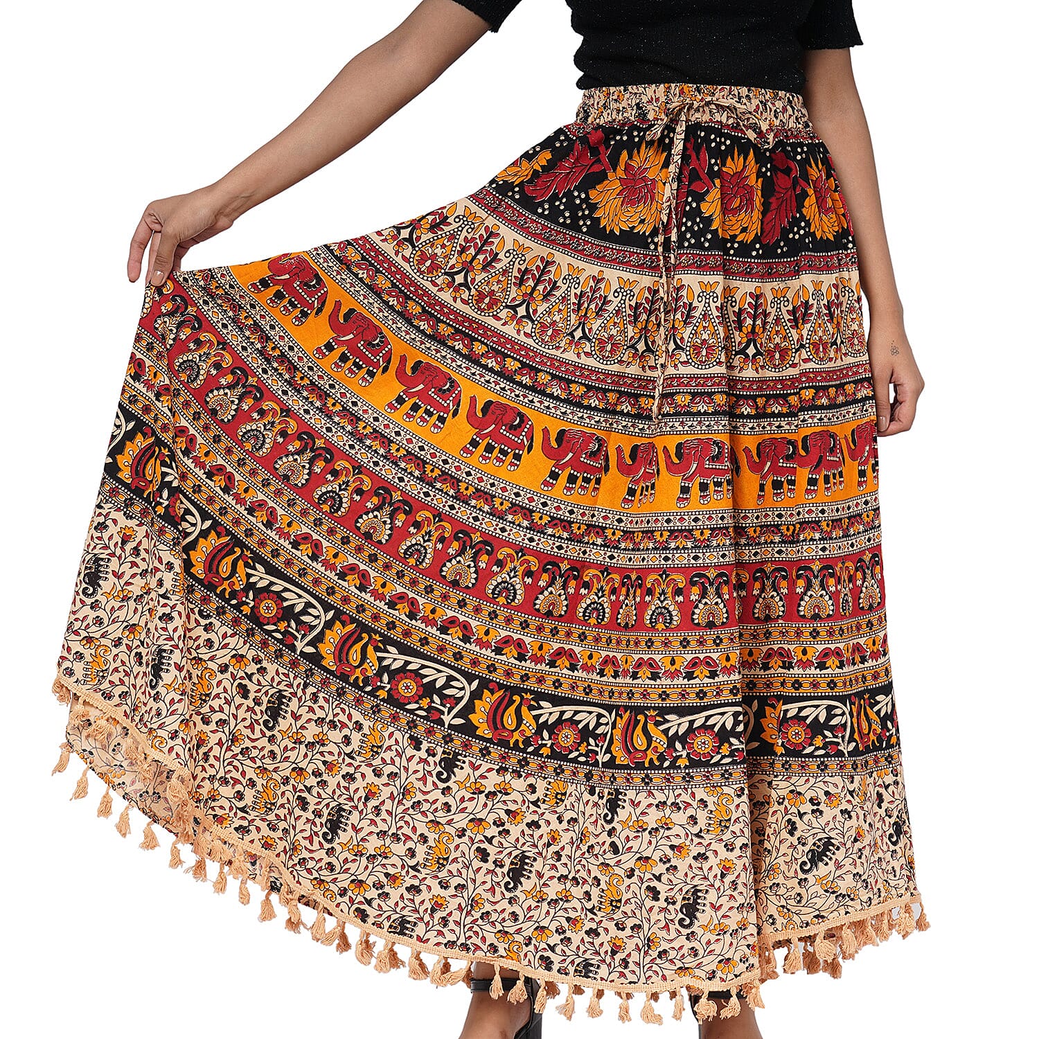 100% Cotton Mandala Print Boho Long Skirt with Tassels (Size 101x94cm) - Beige and Multi