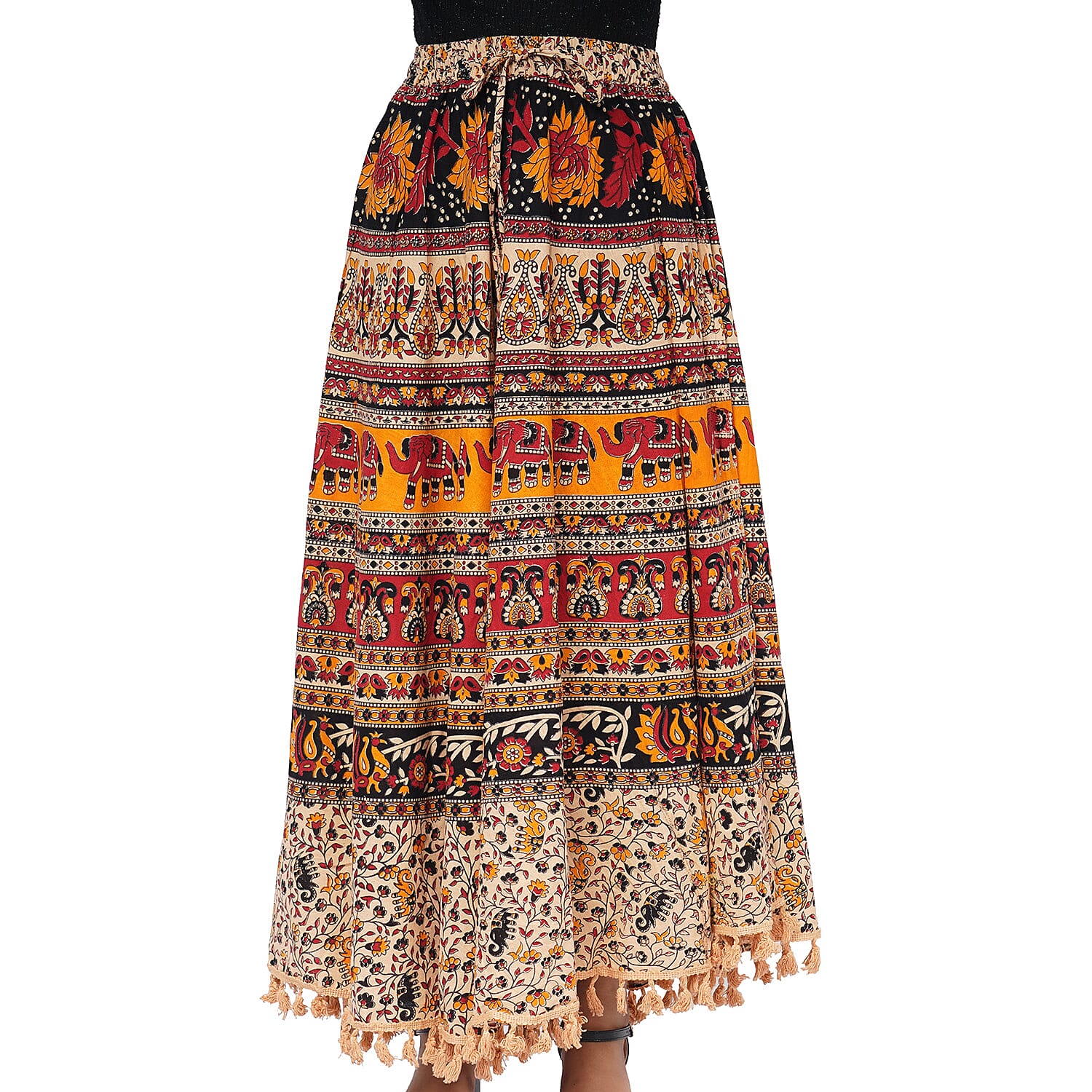 100% Cotton Mandala Print Boho Long Skirt with Tassels (Size 101x94cm) - Beige and Multi