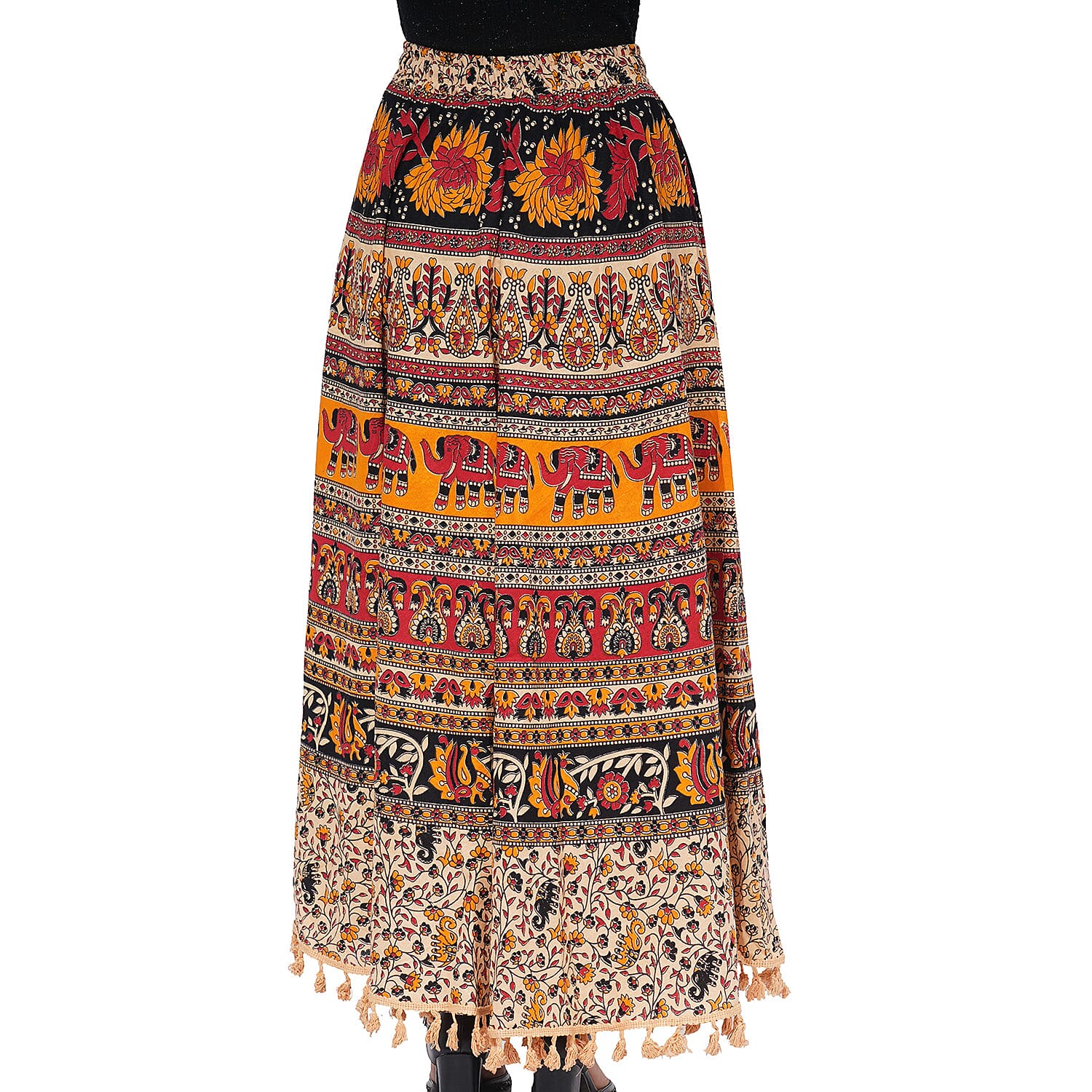 100% Cotton Mandala Print Boho Long Skirt with Tassels (Size 101x94cm) - Beige and Multi