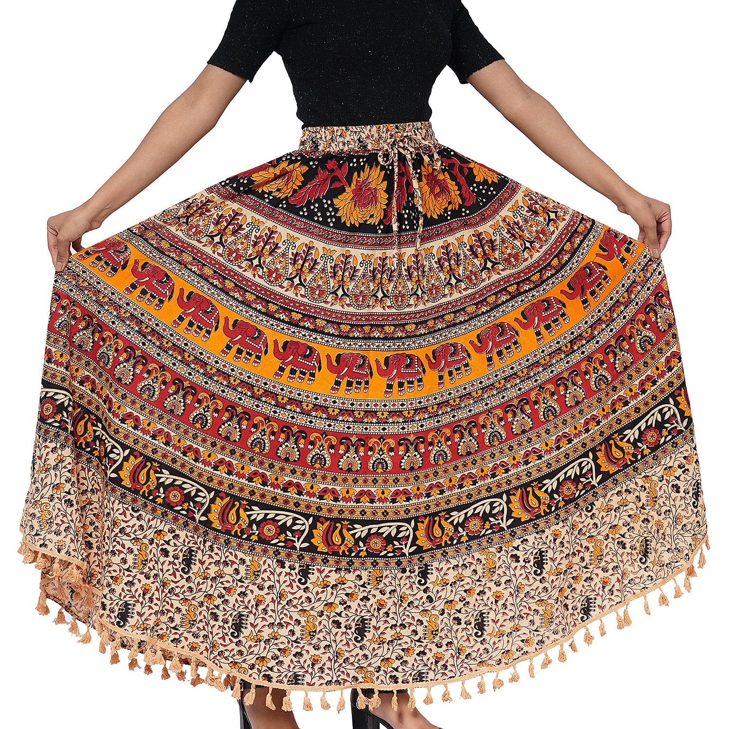 100% Cotton Mandala Print Boho Long Skirt with Tassels (Size 101x94cm) - Beige and Multi