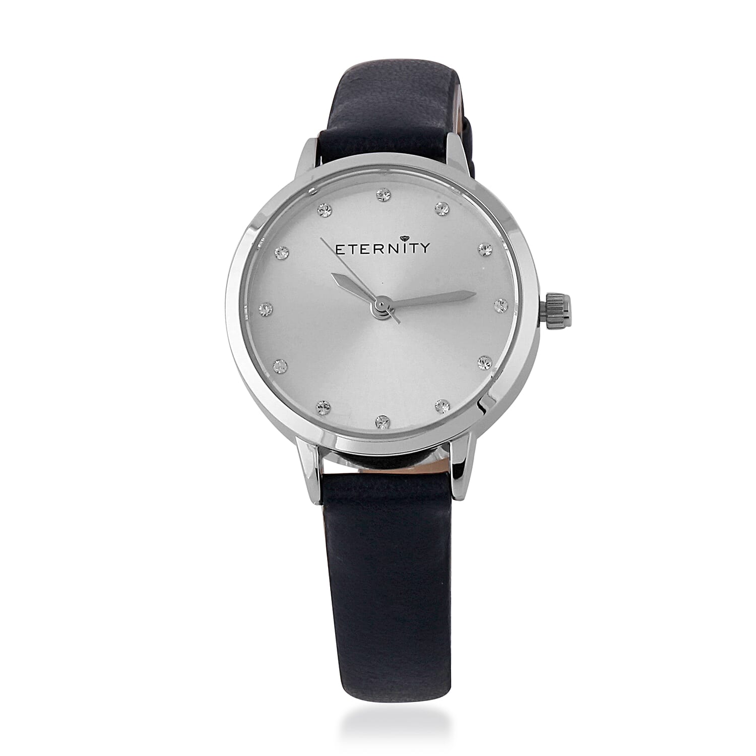ETERNITY Sunray Dial Ladies Watch in Silver Tone with Genuine Leather Navy Strap