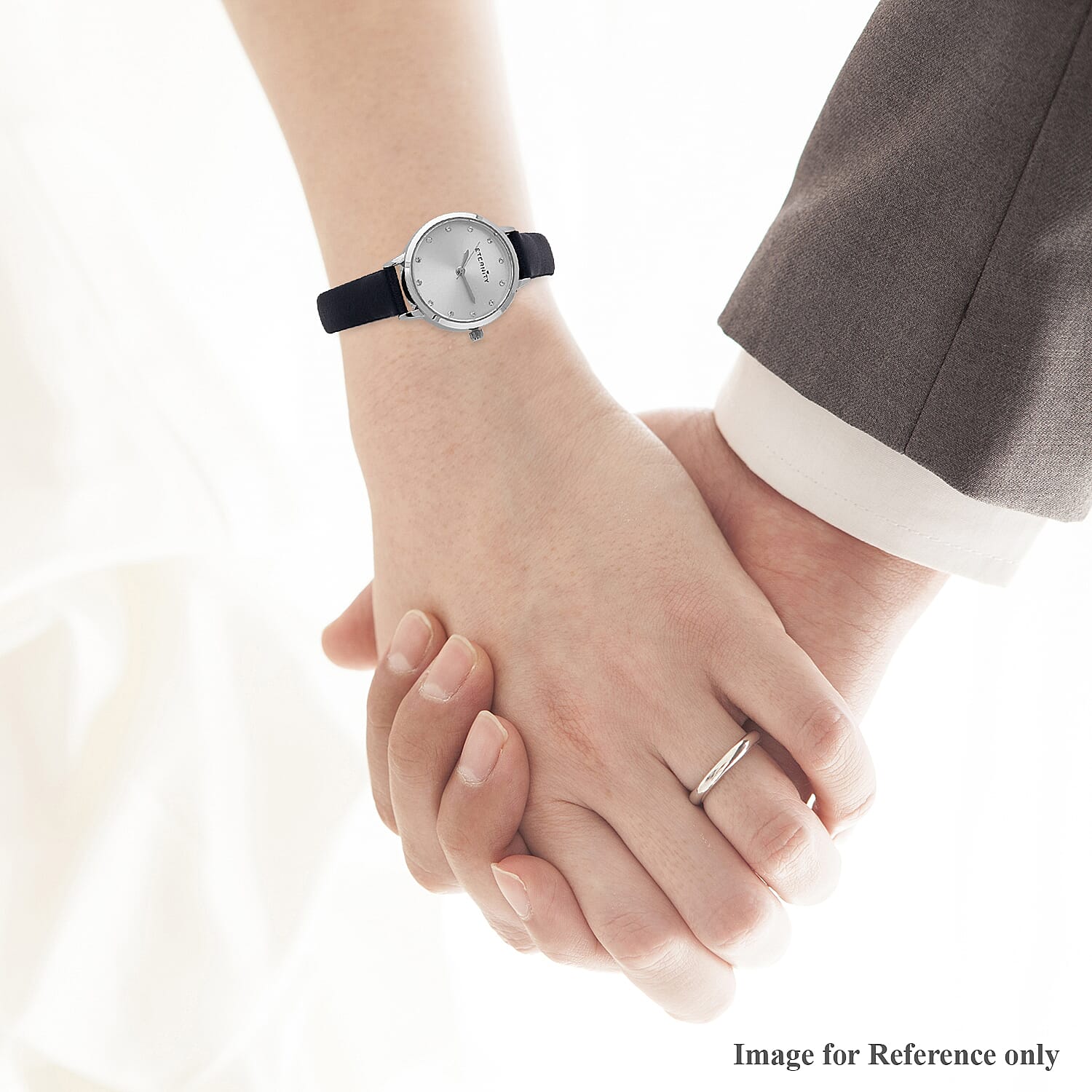 ETERNITY Sunray Dial Ladies Watch in Silver Tone with Genuine Leather Navy Strap