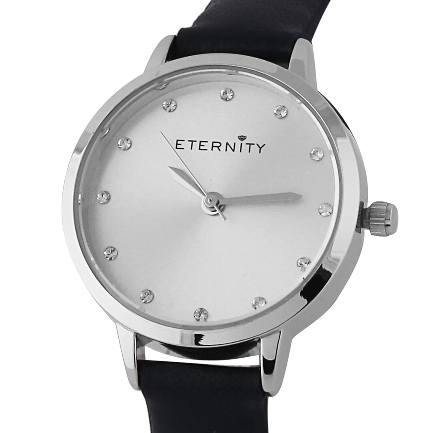 ETERNITY Sunray Dial Ladies Watch in Silver Tone with Genuine Leather Navy Strap