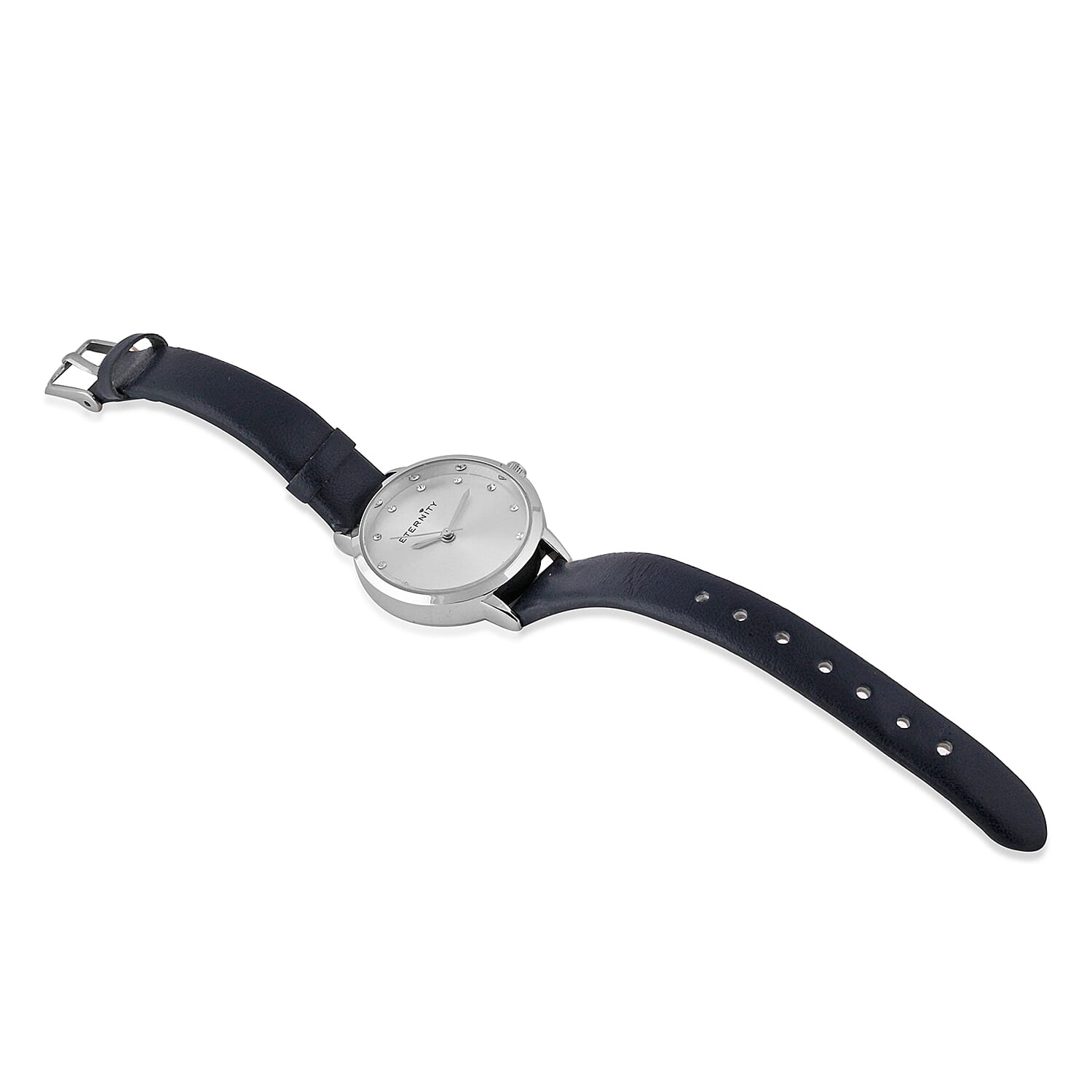 ETERNITY Sunray Dial Ladies Watch in Silver Tone with Genuine Leather Navy Strap