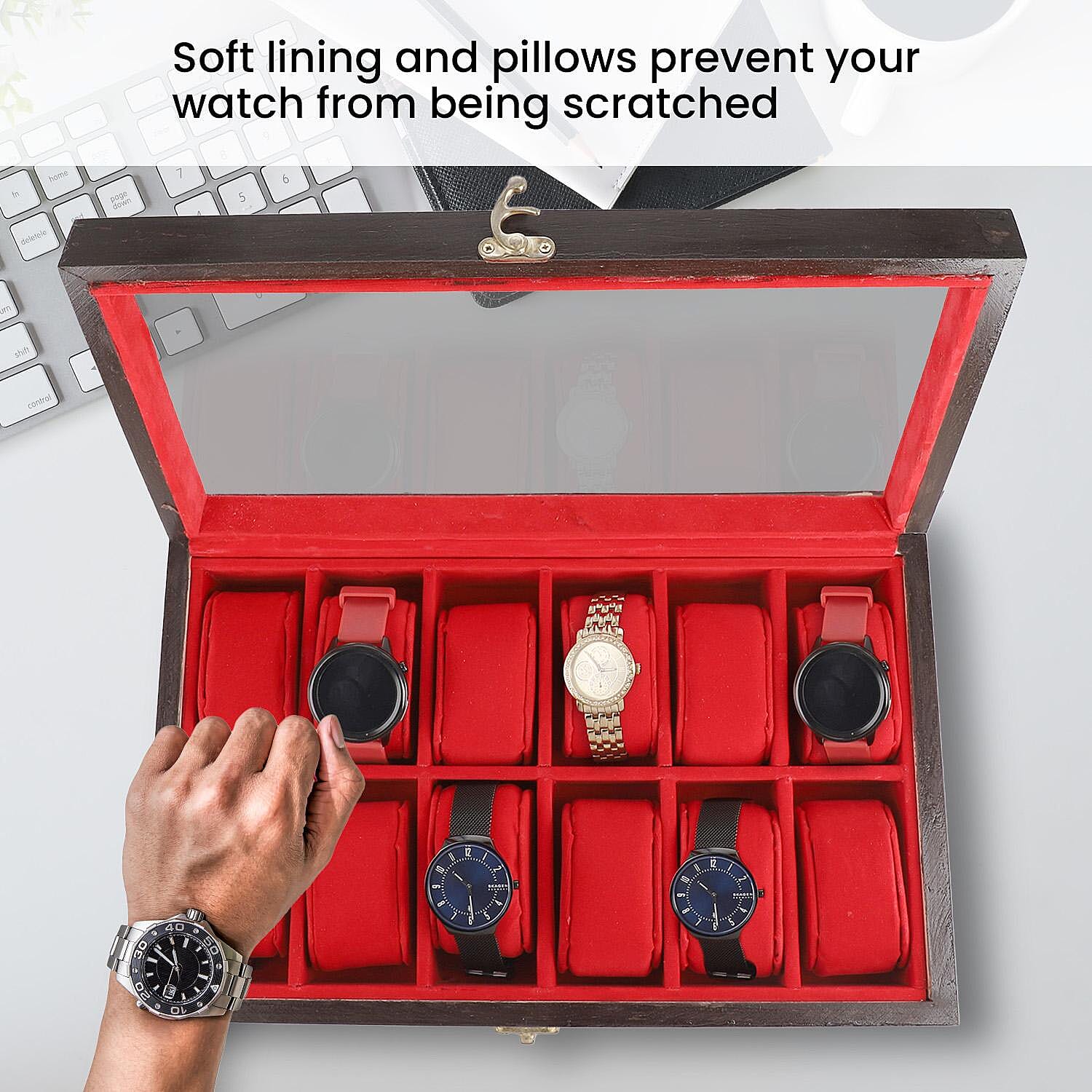 Handcrafted Pine Wood 12 Watches Storage Box (Size - 34x21x8 Cm) - Brown