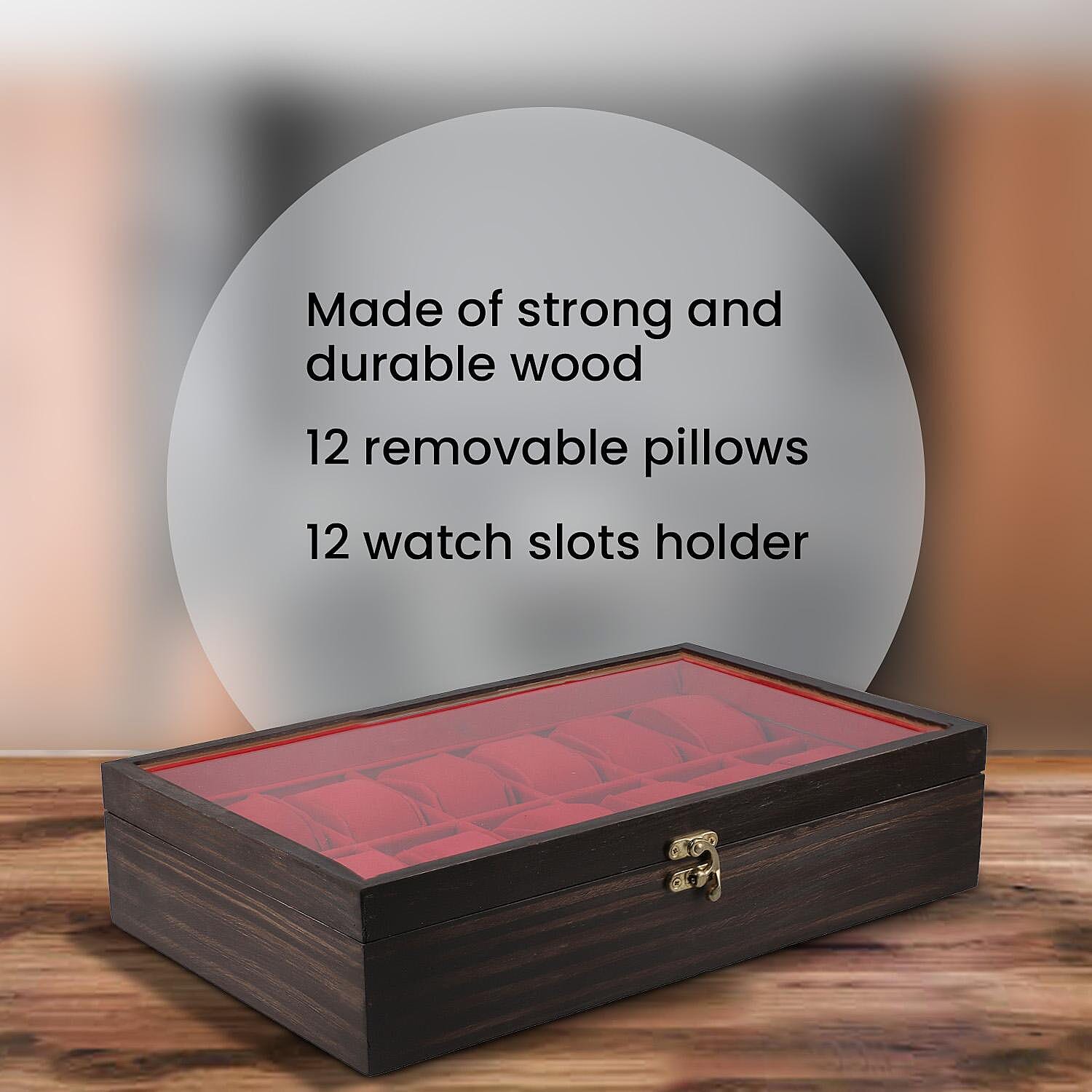 Handcrafted Pine Wood 12 Watches Storage Box (Size - 34x21x8 Cm) - Brown