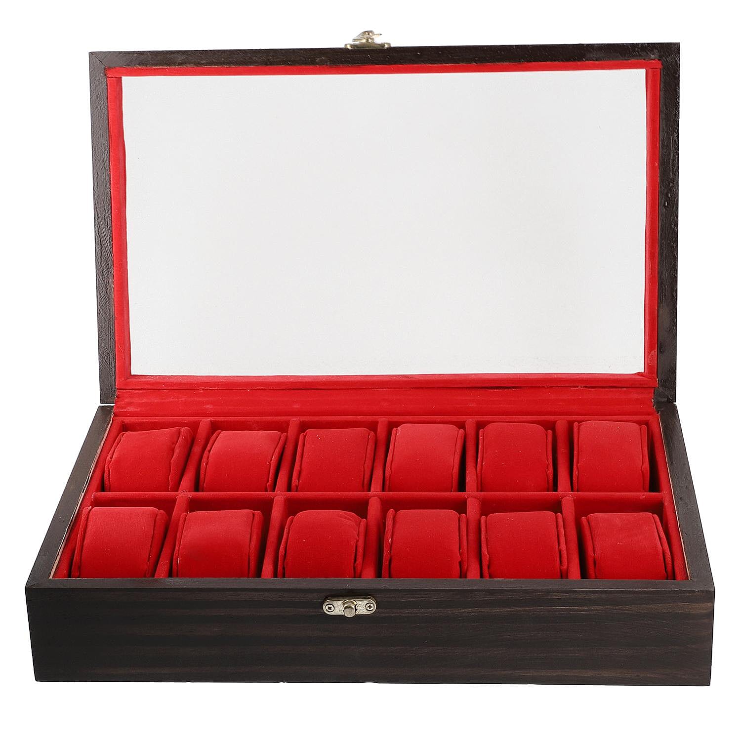 Handcrafted Pine Wood 12 Watches Storage Box (Size - 34x21x8 Cm) - Brown