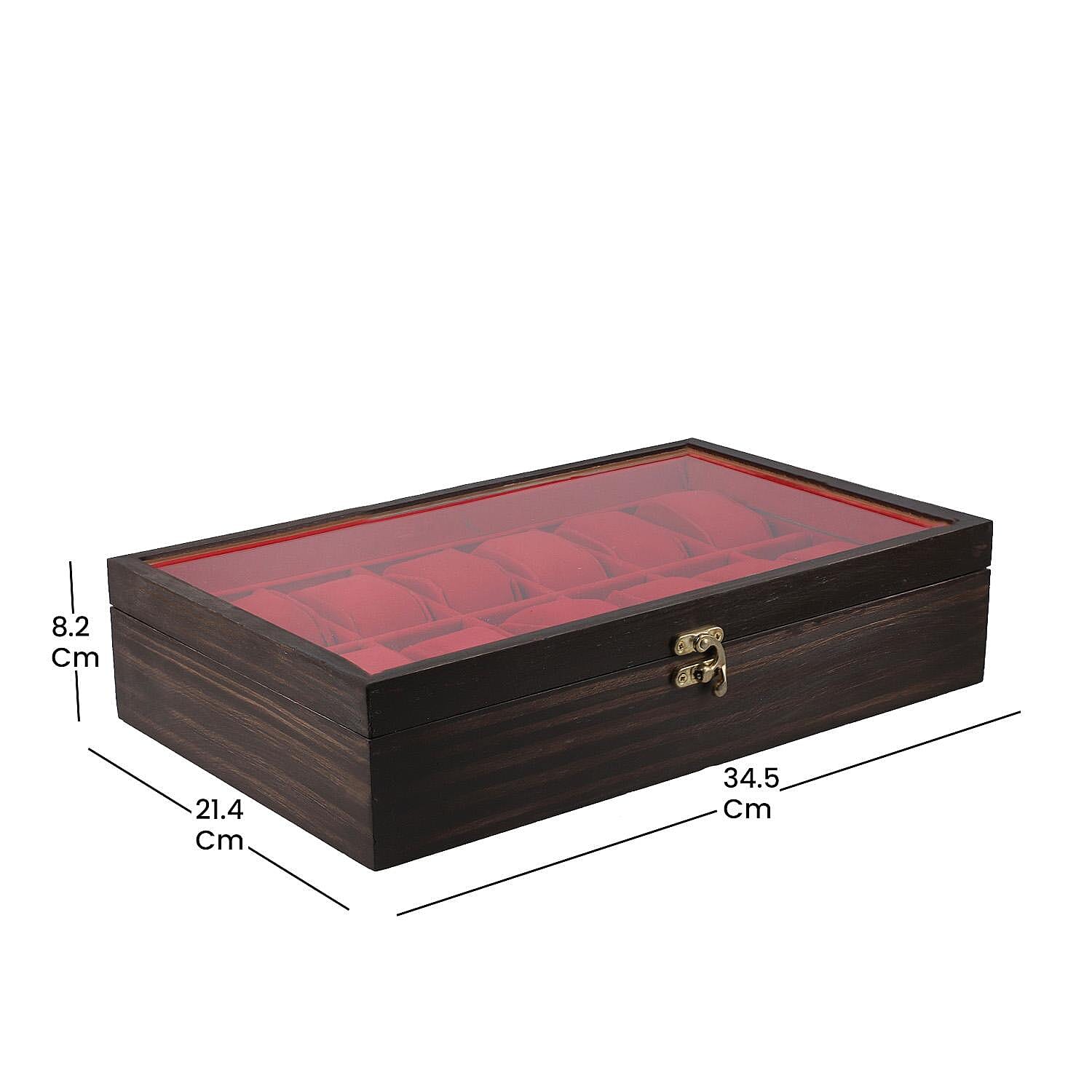 Handcrafted Pine Wood 12 Watches Storage Box (Size - 34x21x8 Cm) - Brown