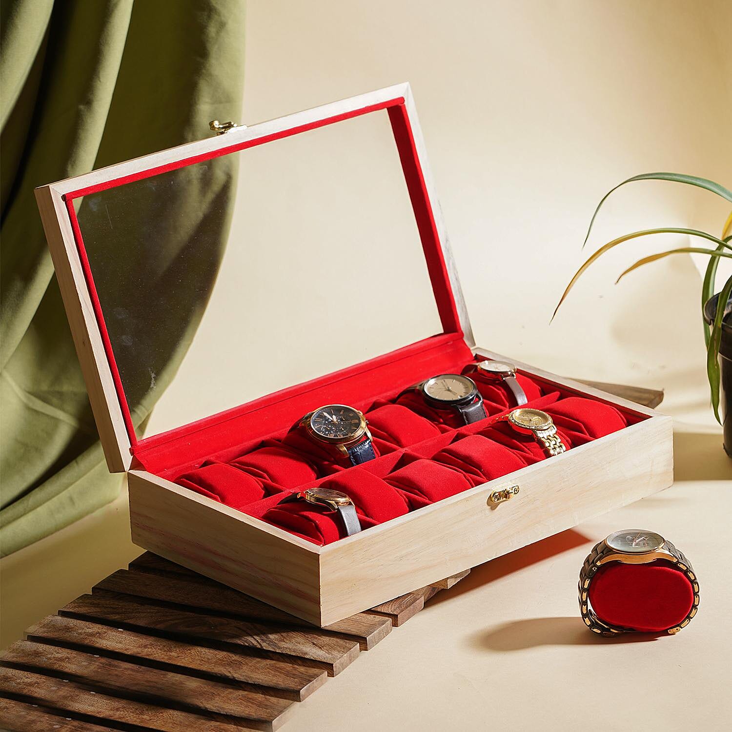 Handcrafted Pine Wood 12 Watches Storage Box (Size - 34x21x8 Cm) - Pine
