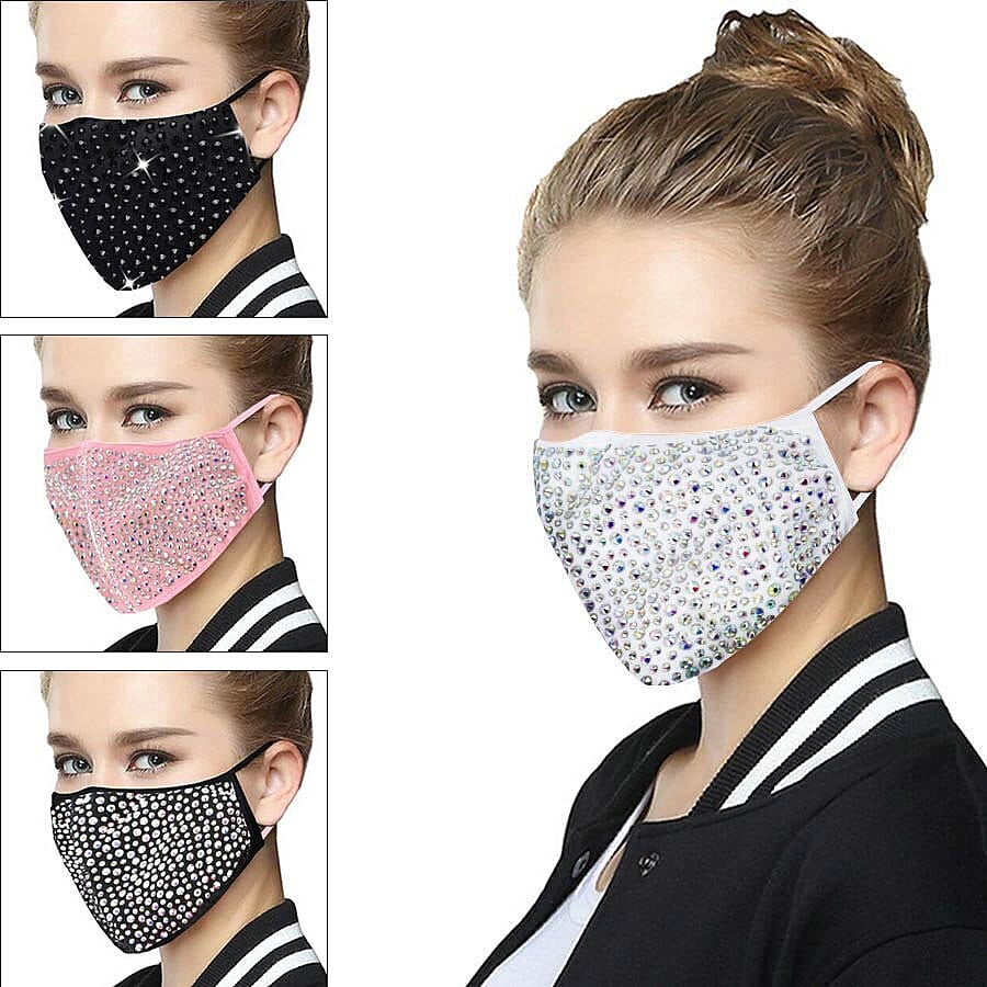 2 Layer Fashion Face Cover Silver Reusable Aurora Borealis Crystal Covered