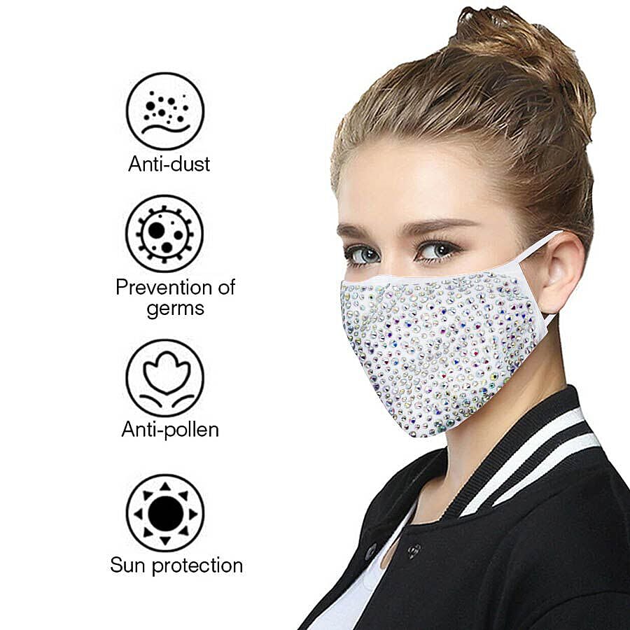 2 Layer Fashion Face Cover Silver Reusable Aurora Borealis Crystal Covered